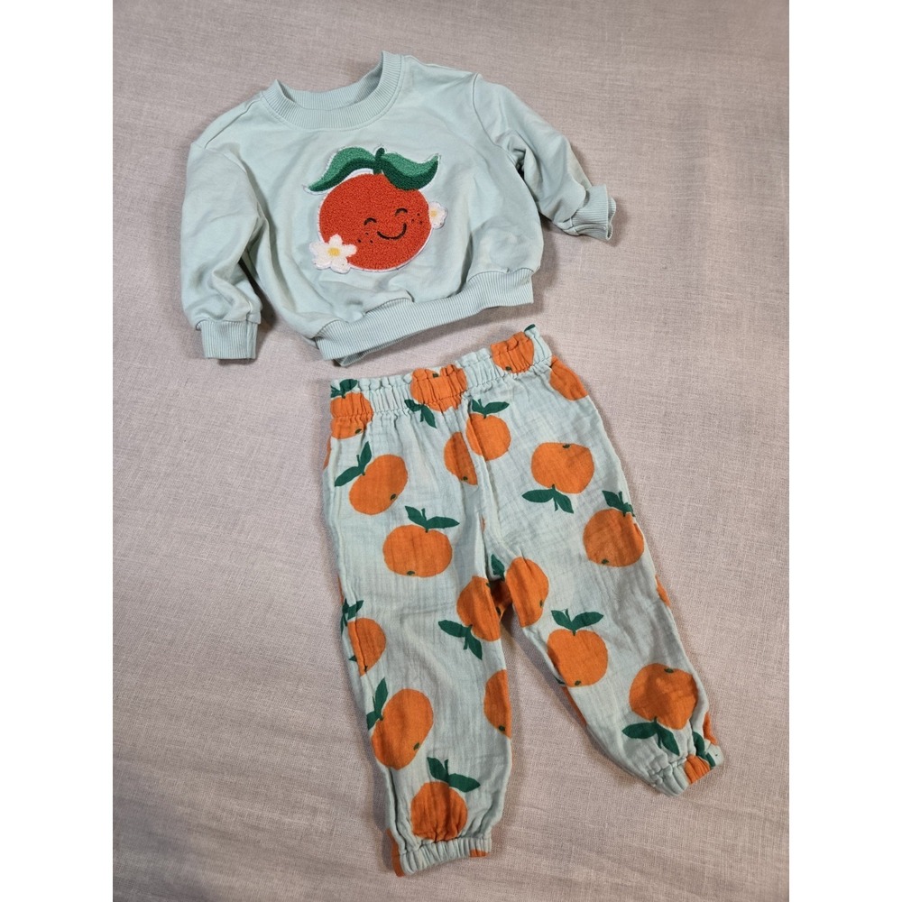 Old Navy Happy Orange‎ Motif Graphic Sweatshirt Pants Fuzzy Letters Sz 6-12  Mo.